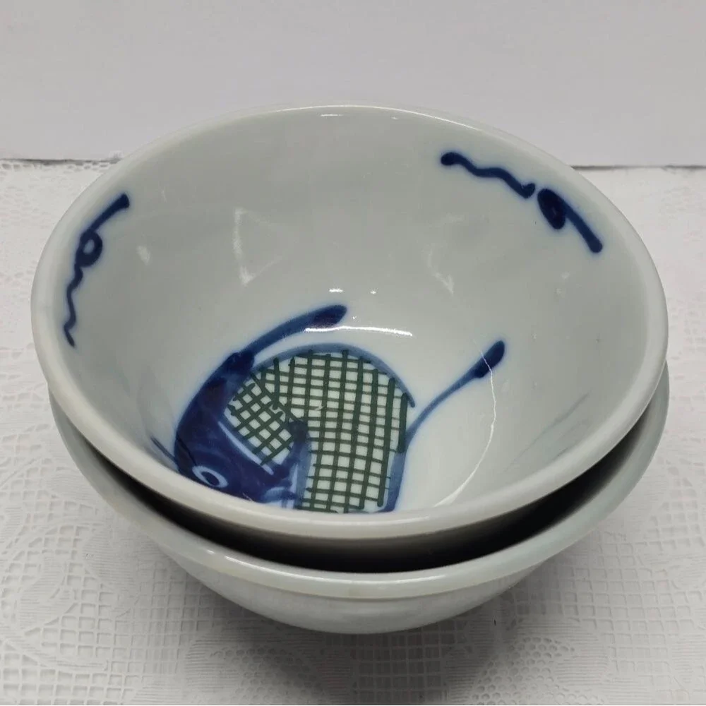 Vintage Asian Koi Catfish Carp Fish Porcelain Handpainted Rice Bowls Set Of 2